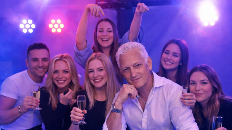 DJ CrazyVibes proost met feestvierende gasten tijdens een evenement in Maastricht.