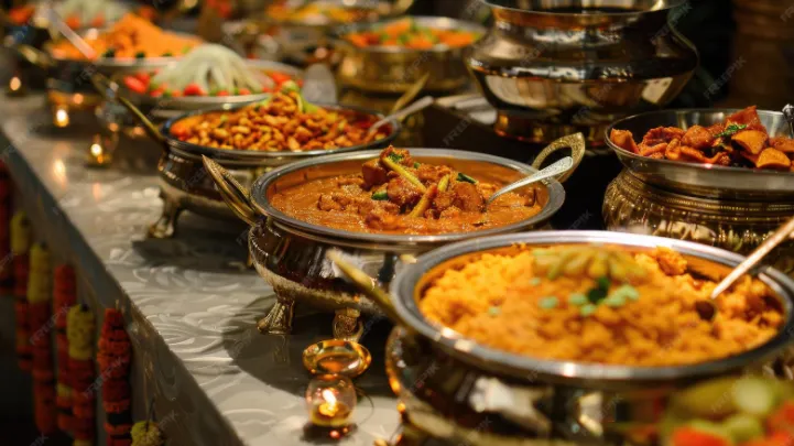Een uitgebreid en sfeervol Indisch buffet met diverse warme gerechten tijdens een feest in de regio Sittard-Geleen