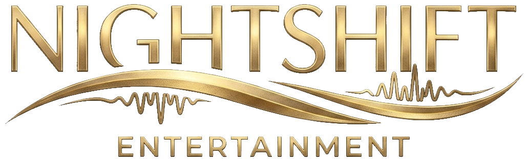 Gouden logo van Nightshift Entertainment met soundwave elementen